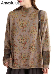 Amax luluE-suéteres de cuello alto para mujer, suéteres clásicos sueltos florales, jerséis estampados de ocio Vintage para mujer 2024