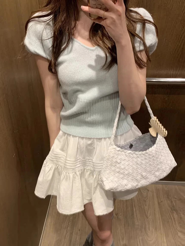 

Soft ort Sve Knitted Sweater Women's Summer New Sle Gentle Age Reduction High Waist A-Line Lace f Skirt Set