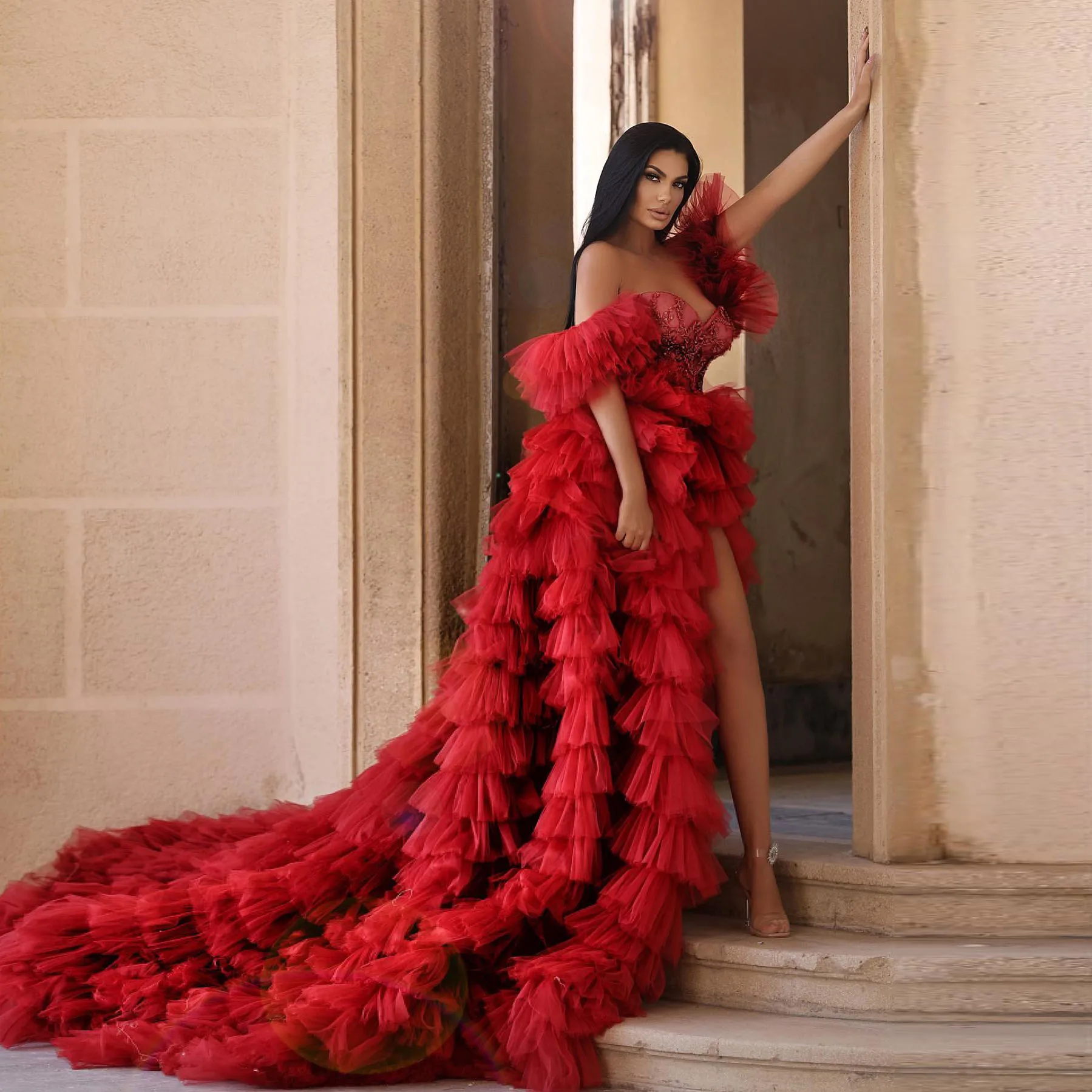 Sexy Red High Split Layered Tulle Prom Gowns Fluffy Tiered Tutu Tulle Bridal Dress With Shiny Beaded A-line Long Women Dresses