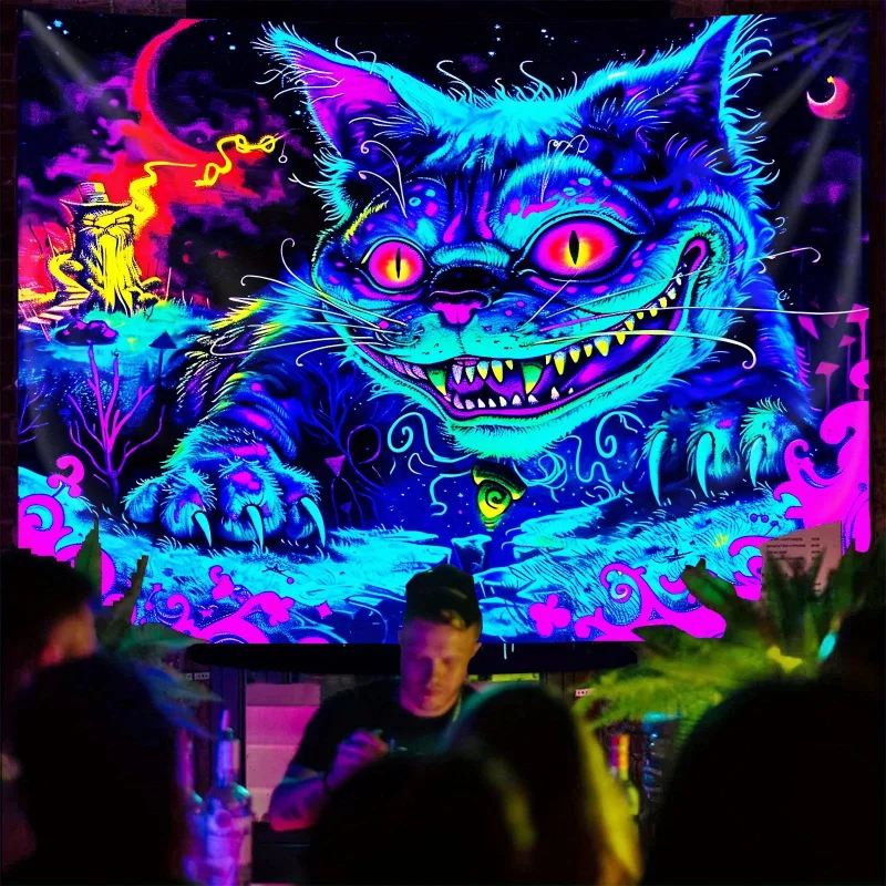 VIKAMA Fantasy Cheshire Cat Wandteppich mit Farbverlauf und Mondlicht-Effekt, Kinderzimmer-Dekoration im Fantasy-Stil, Wohnzimmer-Dekoration