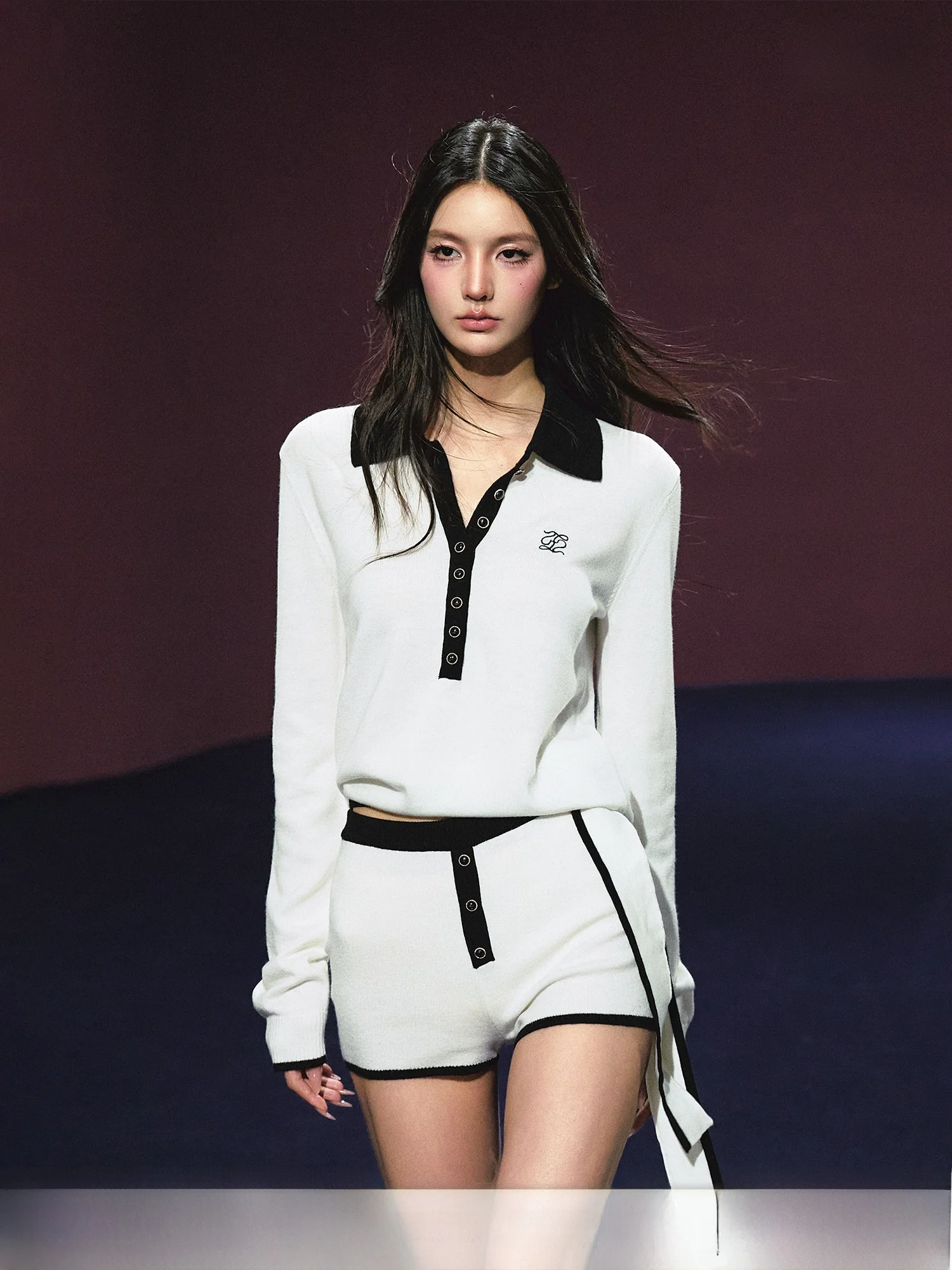 AGAM Vintage Style Black White Color Block  Sweater with Sash Heart Short Pants Women's Fashion Set Autumn Season