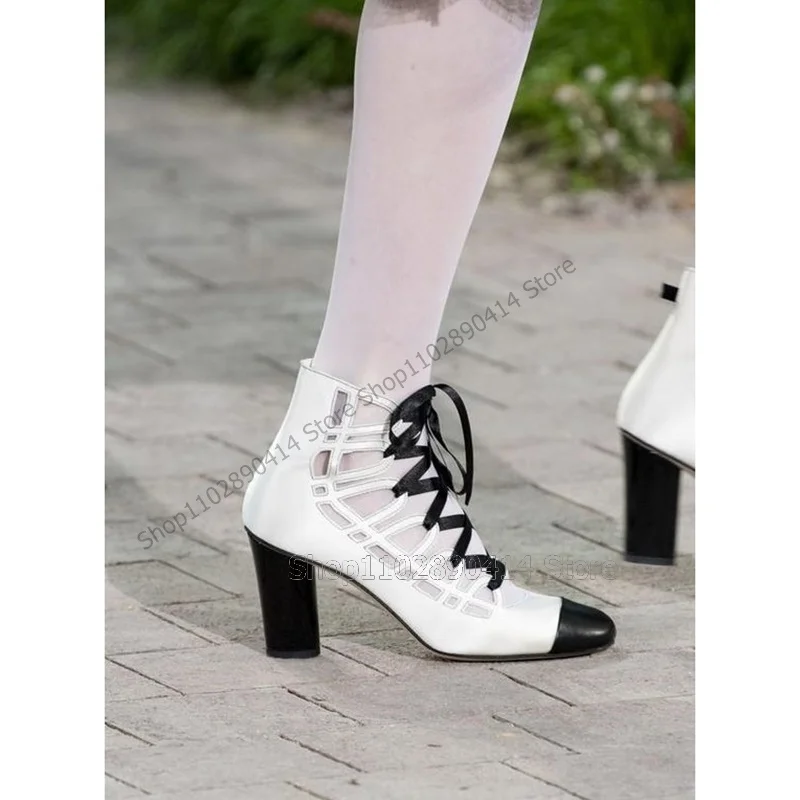 Black White Hollow Design Cross Tied Round Toe Pumps Lace Up Women Shoes Chunky High Heels New Fashion 2023 Zapatos Para Mujere