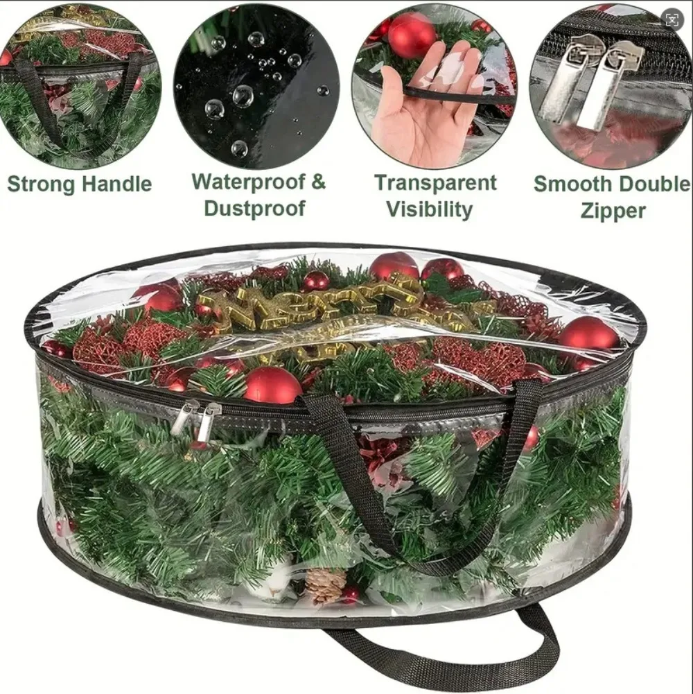 Christmas Wreath Storage Bag Clear, 30/24 Inch Container with Handle Dual Zipper, Dustproof Protector for Holiday Decorations
