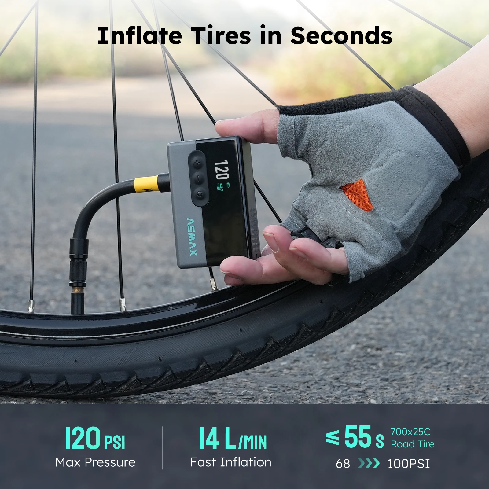 ASMAX T30 Mini Portable Air Pump 120PSI Electric Inflator Compact Design with Screen Fast Charging for Bicycle