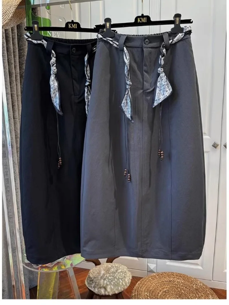 Oversized Women's Clothing Design Silk Scarf Belt Skirt For Women Solid Color Loose Elastic Waist Fashionable A-Line Skirt Autum