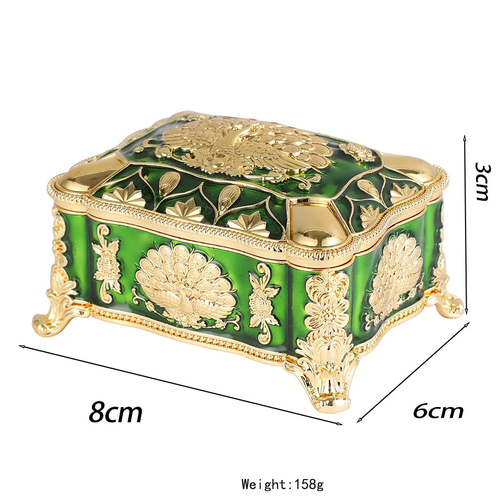 Vintage Metal Jewelry Box with Peacock Pattern Trinket Organizer Box Rectangular Keepsake Storage Box for Ring Earrings Necklace