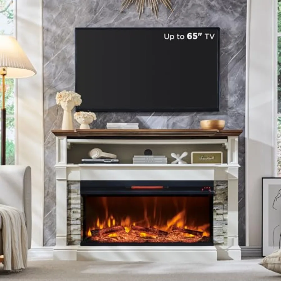 

3-Sided Glass Fireplace TV Stand for TVs up to 65'' 52'' Electric Fireplace with Mantel 36'' Tall Highboy Farmhouse Entertainme