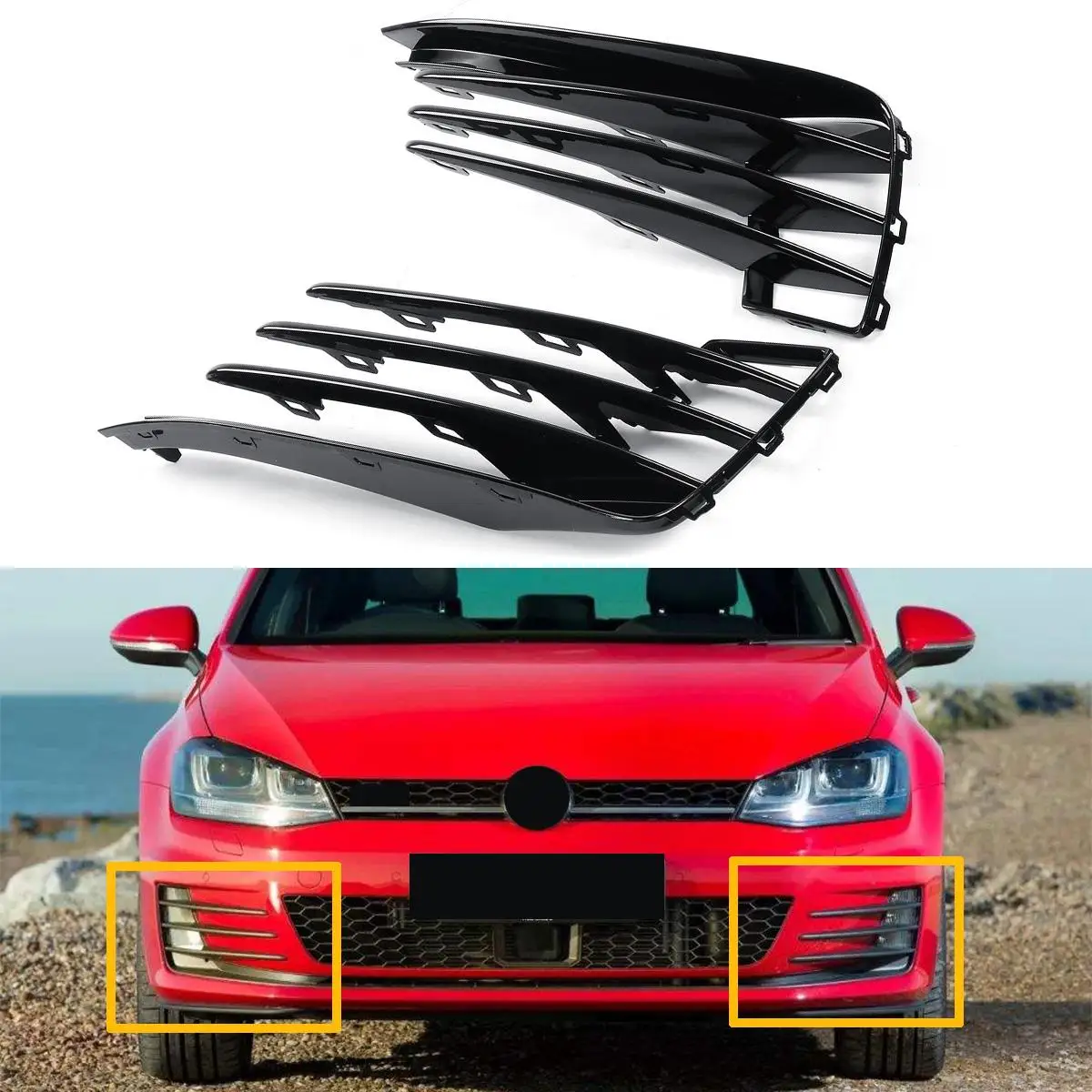 2x Glossy Black Car Front Fog Light Grille Grill Nice Bumper Grill Cover Trim For VW For Golf MK7 GTI 2014-2017 5G0853665E/6E