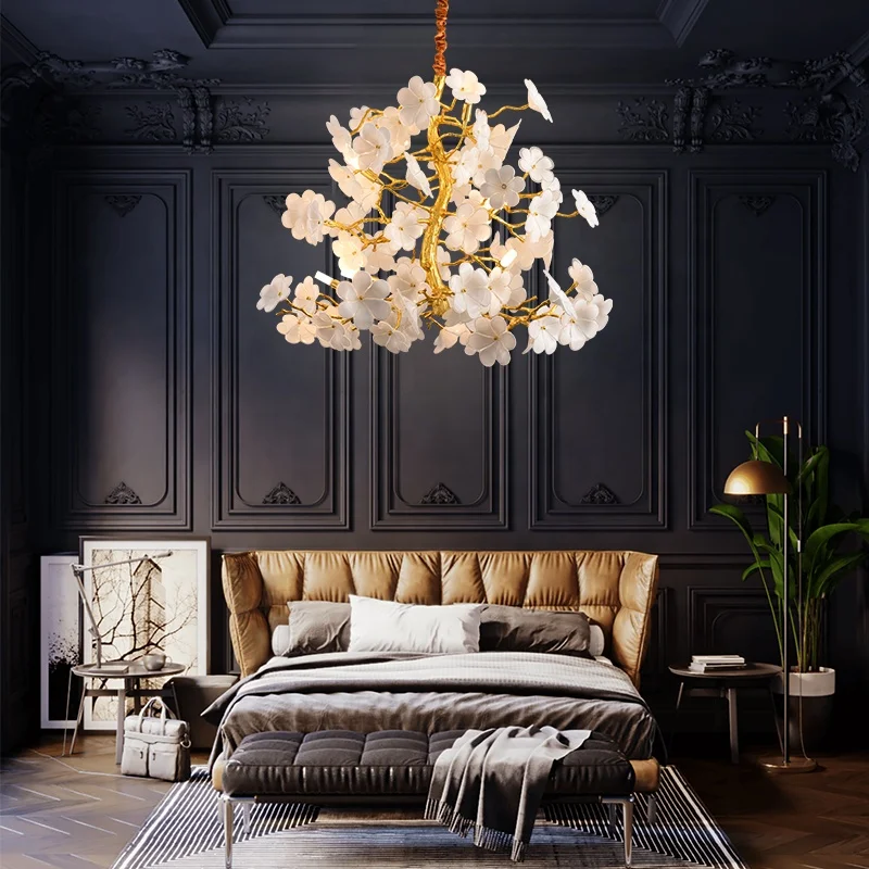 Luxury Flower Petal Ceiling Pendant Lamp Living Room Vila Tree Branch Bloom Chandelier For Bedroom Lustre Gold Light Fixture