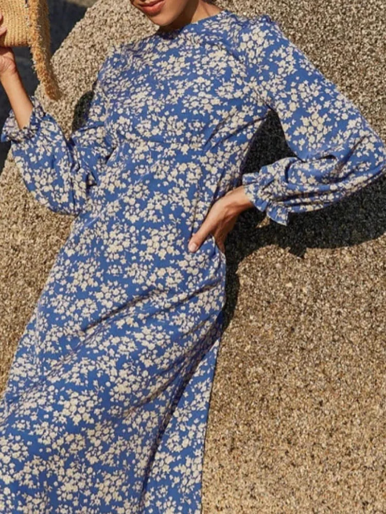 Vintage Floral Print Schlank Bohemian Kleid Frauen Mode Rundhals Lange Party Kleid Herbst Langarm Strand Maxi Kleider Vestido