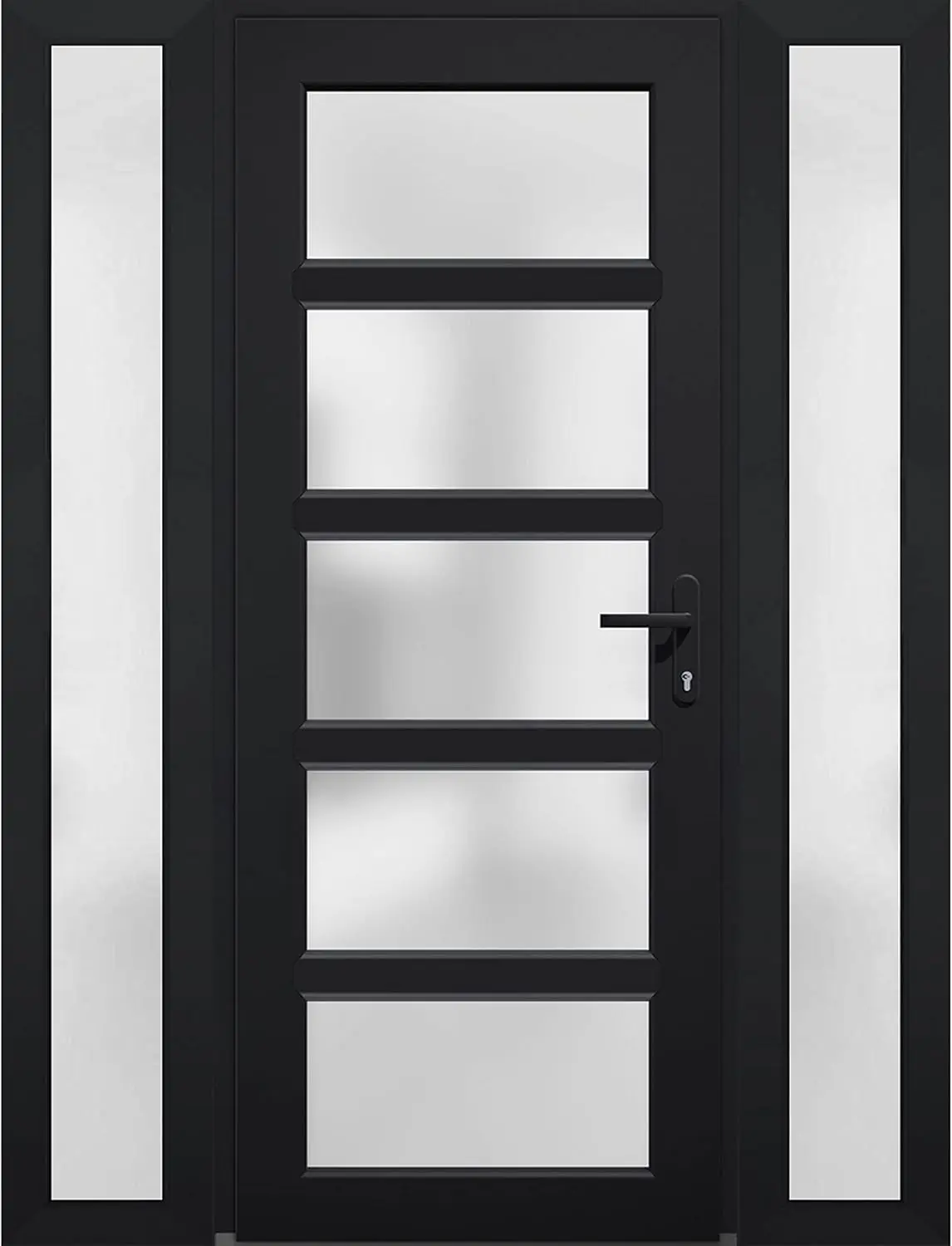 Vdomdoors-puerta frontal Exterior precolgada de Metal-plástico, vidrio esmerilado/Manux 8002 negro mate/2 ventanas laterales/Oficina Comercial y