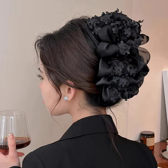 Elegancja Temperament Duży klips z pazurem Wielowarstwowa kokarda Czarna tkanina Wstążka Pazur Klipsy do szczęk Kucyk Szpilka do włosów Kobiety Akcesoria do włosów