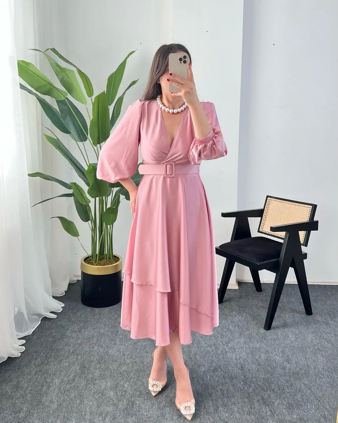 Sapmae V-neck Belt Full Sleeve A-line Knee-length Pink Ruffle Beautiful Elegant Prom Formal Evenning Party Dress For Women