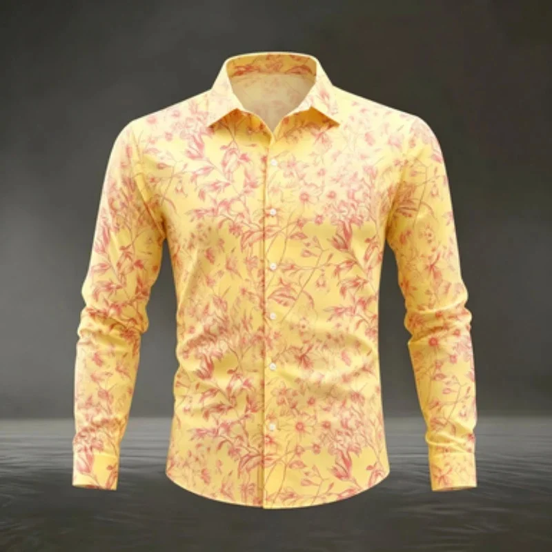 Men's long sleeved 3D shirt, European American casual line drawing floral print lapel shirt, slim fit artistic floral holiday l