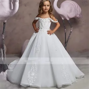 Personalizado elegante rendas apliques vestidos da menina de flor 2025 princesa vestido de baile pageant festa aniversário crianças primeira comunhão vestido