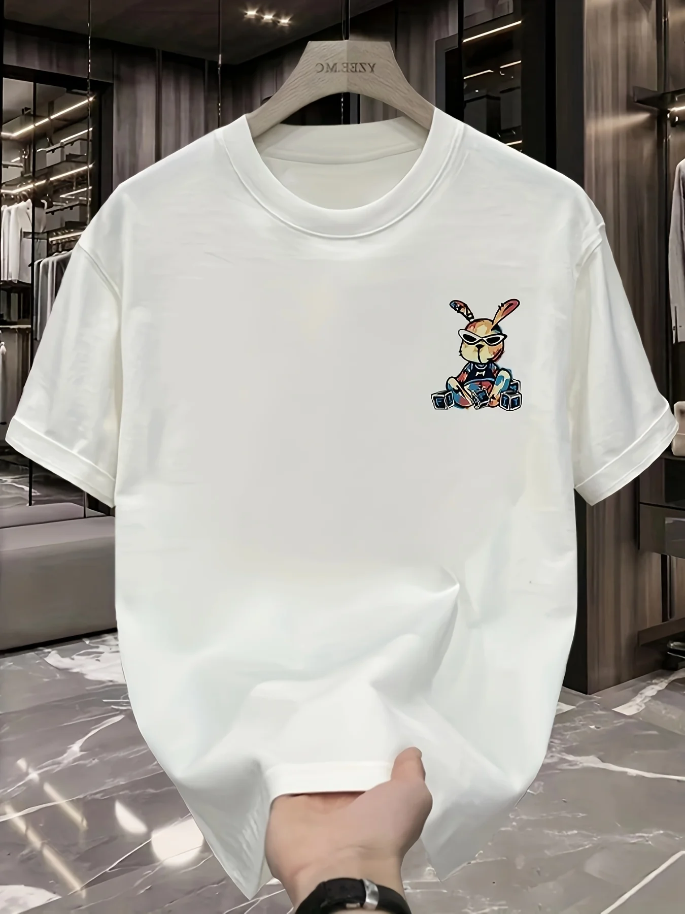 Men's summer 100% pure cotton fashionable casual loose black rabbit cartoon pattern printed round neck short sleeved T-shirt top image 4