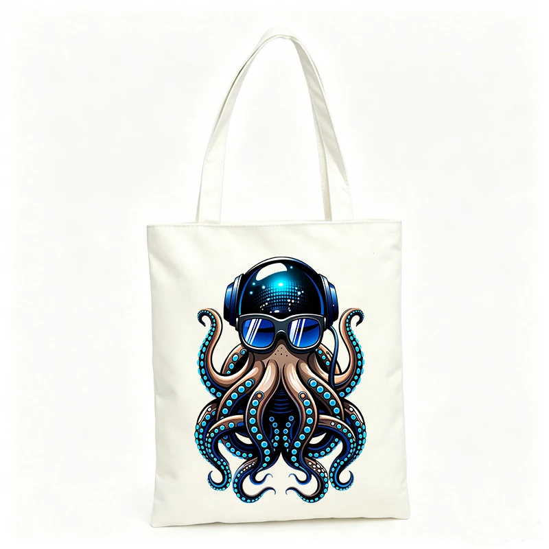 Women's octopus with headphones graphic canvas tote bag, urban style for casual shopping and daily use