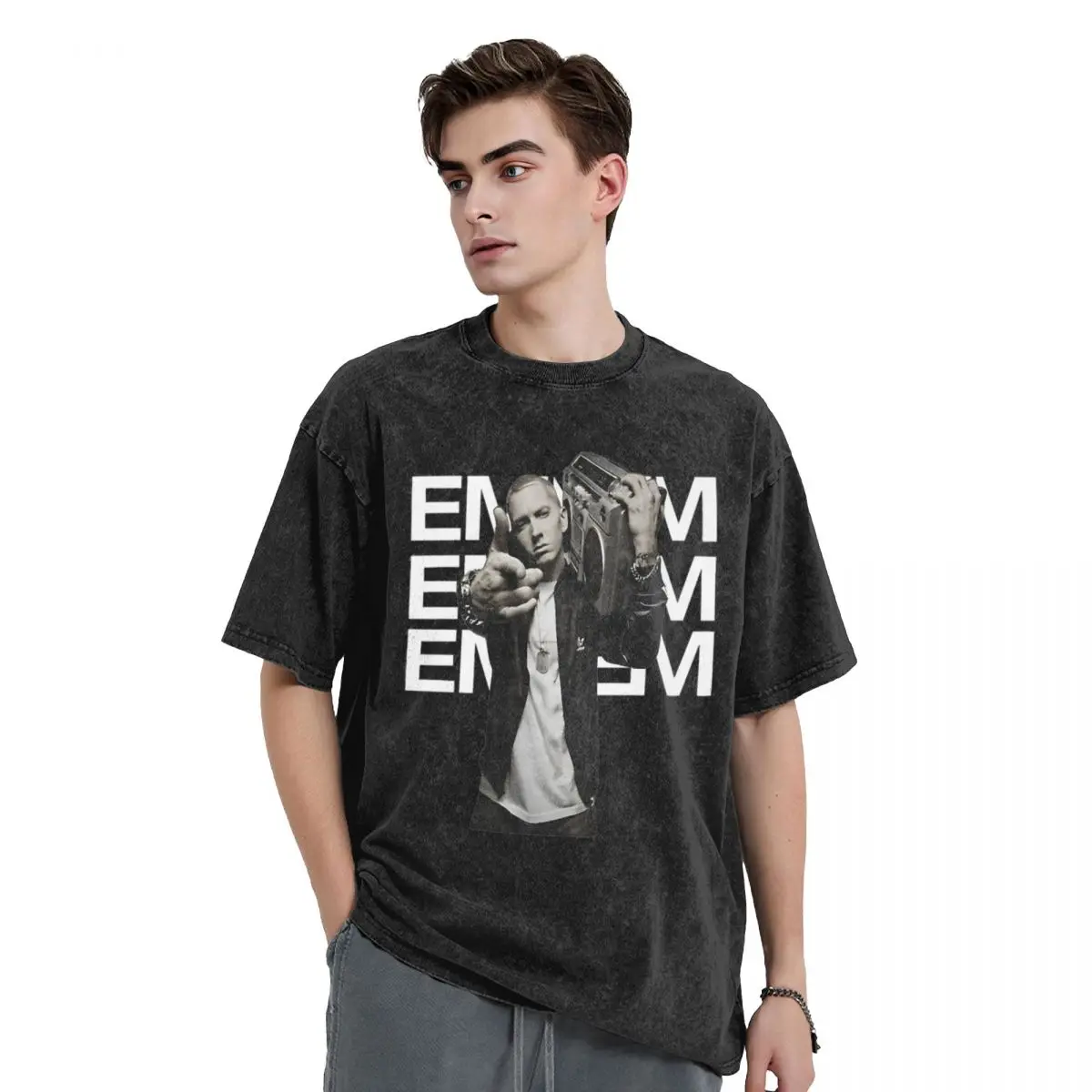 Eminem Boombox T Shirt Hip Hop Washed Cotton Harajuku T-Shirt Hip Hop Music Album Novelty Men Women Tops Streetwear Printed Tees