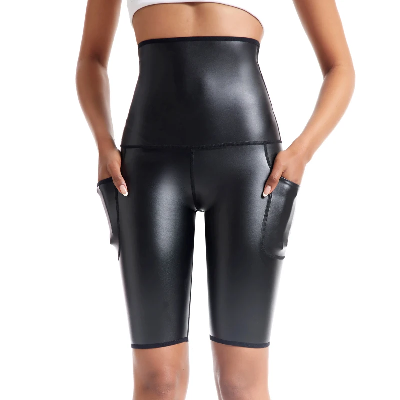 Body Shaper Women Stretchy Faux Leather Leggings Slim Pants Sexy High Waisted Tights Waist Trainer Shapewear Shorts with Pockets