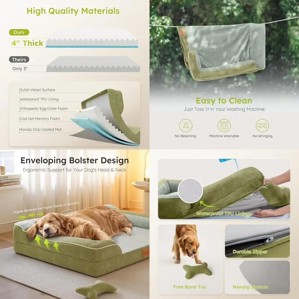 

Ортопедическая охлаждающая гелевая кровать для собак XL со съемным чехлом, водонепроницаемым и моющимся, 42, голландский бархатный диван темно-зеленого цвета с игрушкой-костью