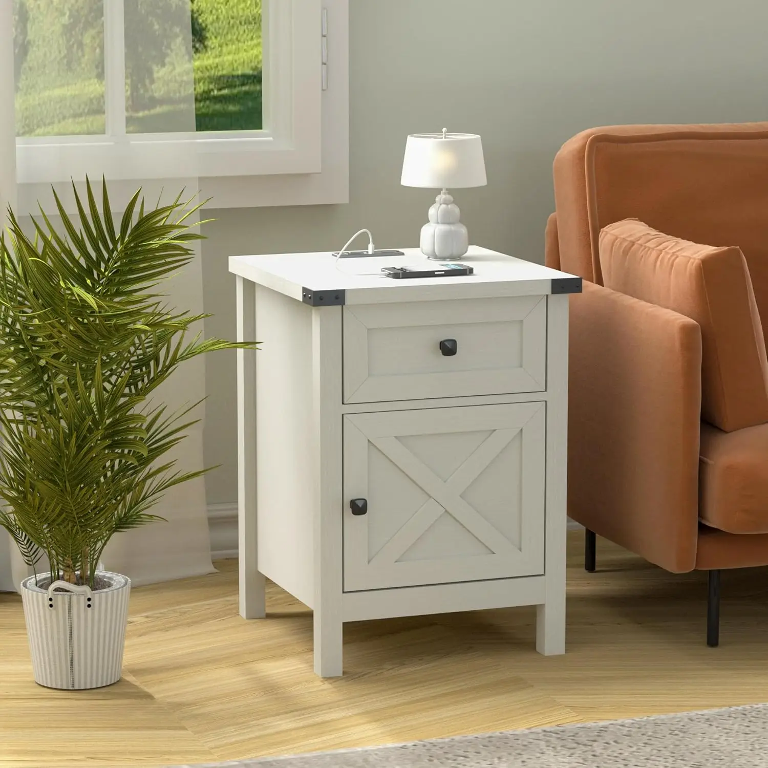 ホワイトサイドテーブル、納屋のドアと引き出し付きの素朴なエンドテーブル、素朴なフローティングナイトスタンド、モダンなベッドサイドテーブル、ナイトスタンド用