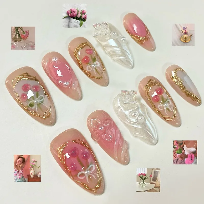 

24PCS Sweet Pink Blush Flowers Almond False Nails Golden Patterns French Press on Nails 3D Butterfly Luxury Fake Nails Wearable