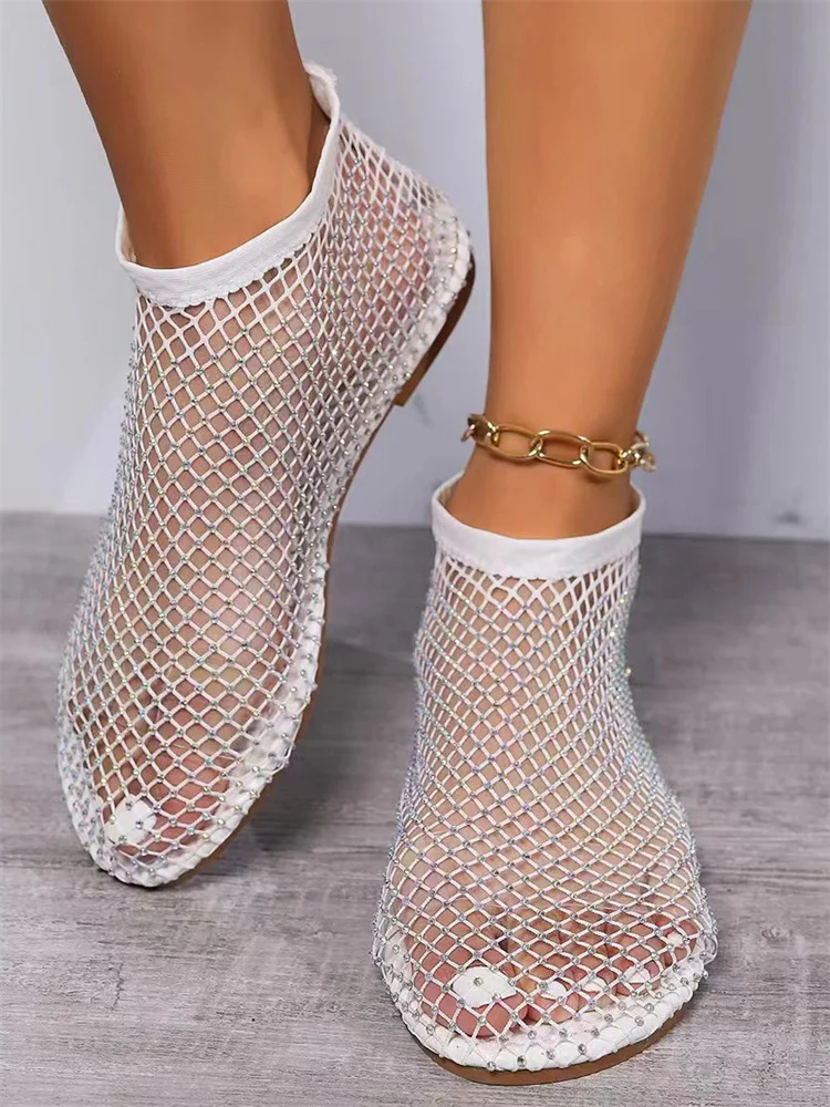 Msfilia Round Toe Sandals With Hollowed Out Internet Famous Diamond Studded Short Boots Summer Sexy Plus Size Flat Shoes