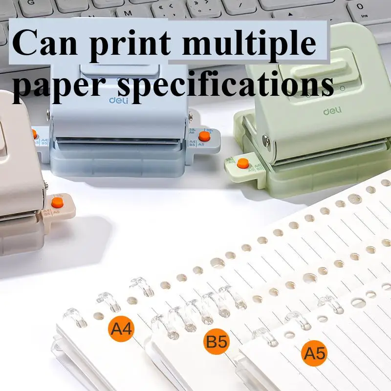 Furador de Papel Multifuncional Deli TA857 Novo Design Economizador de Esforço 3/6 Furos 5.5mm de Diâmetro 9.5mm/19mm de Espaçamento para 5 Folhas 3 Cores