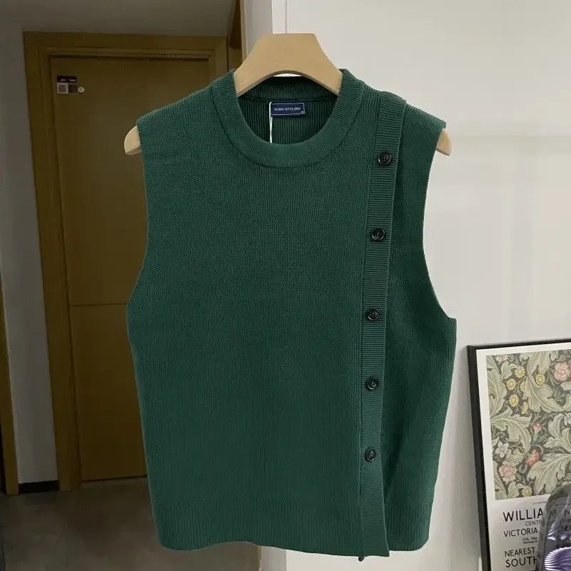 Knitted Sweaters for Men Waistcoat Sleeveless Man Clothes Buttons Slit Green Vest 90s Vintage Street Designer Luxury Overfit X A