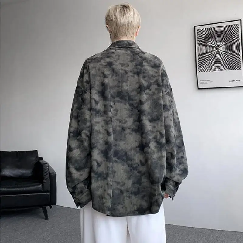 2025 Men's Autumn Corduroy Shirt Oversized Plus Size Tie-Dye Long Sleeve Shirt Loose Fit Vintage Casual Button Down Shirts Mens