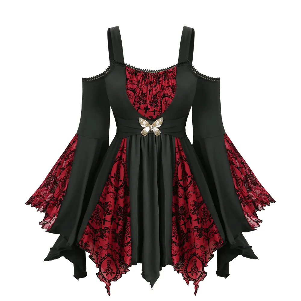 

ROSEGAL Plus Size Cold Shoulder Tops For Women Mesh Cross Floral Flocking Lace Trim Butterfly Buckle Flare Sleeves Blouses