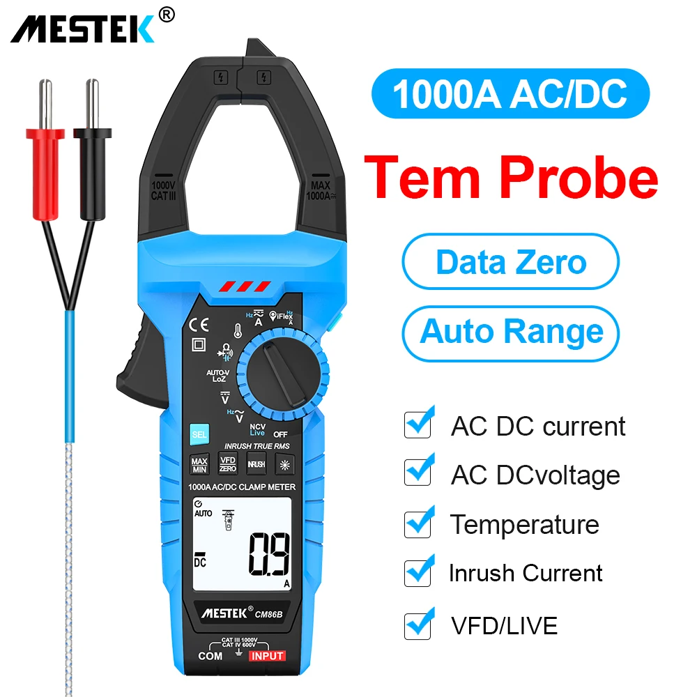 Mestek 1000A AC DC Voltager Digital Curent Clamp Meter Multimeter Pinza Amperimetrica True RMS Capacitance NCV Ohm Hz Temp Tool