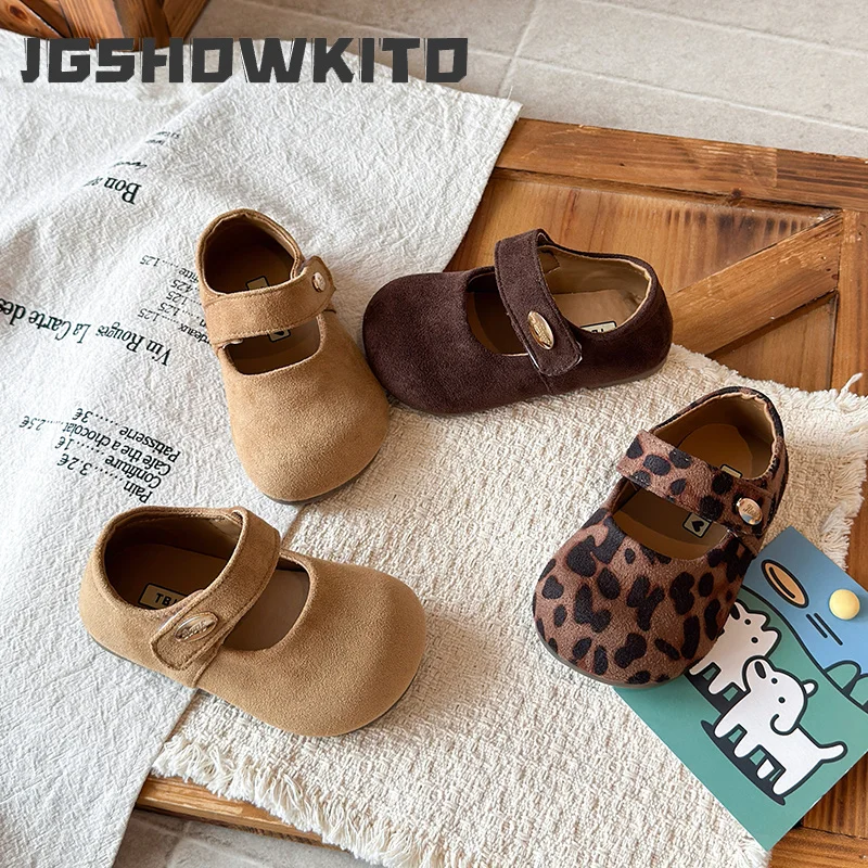 JGSHOWKITO Retro Spring Autumn Little Girl Leather Shoes Lightweight Children Leopard Flat Shoes Outdoor Soft Kids Causal Shoes