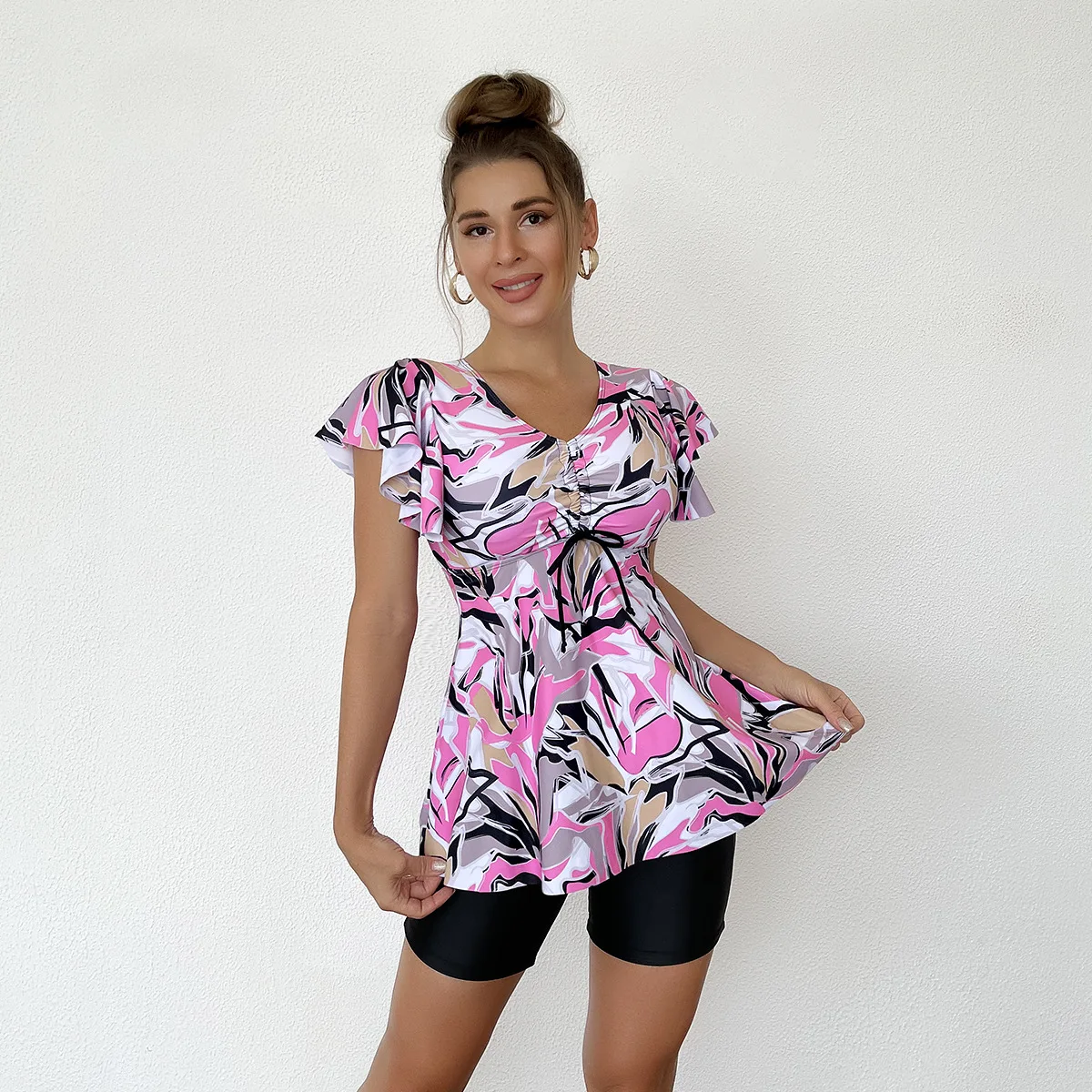 2‑Piece Tankini Swimsuit Ruffle Short Sleeve Abstract Print Drawstring Tunic Top With Knee‑Length Swim Shorts Beach Bathing Suit