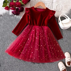 Girls' Autumn and Winter New Red Christmas Velvet Mesh Dress Princess Birthday Party Gown Tulle Tutu Kids Sequin Gown