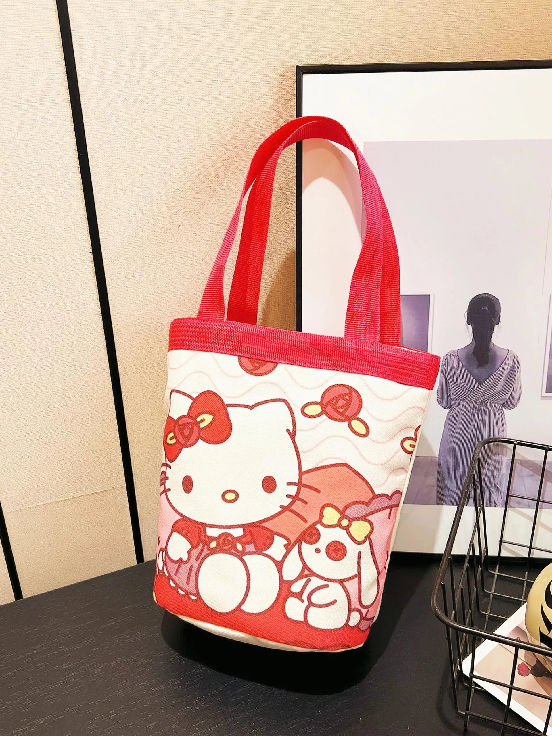 Cartoon Hello Kitty Kuromi Canvas Bucket Bag Korean Style Shoulder Bag Y2K Outing Shopping Bag Women Handbag Student Lunch Bag