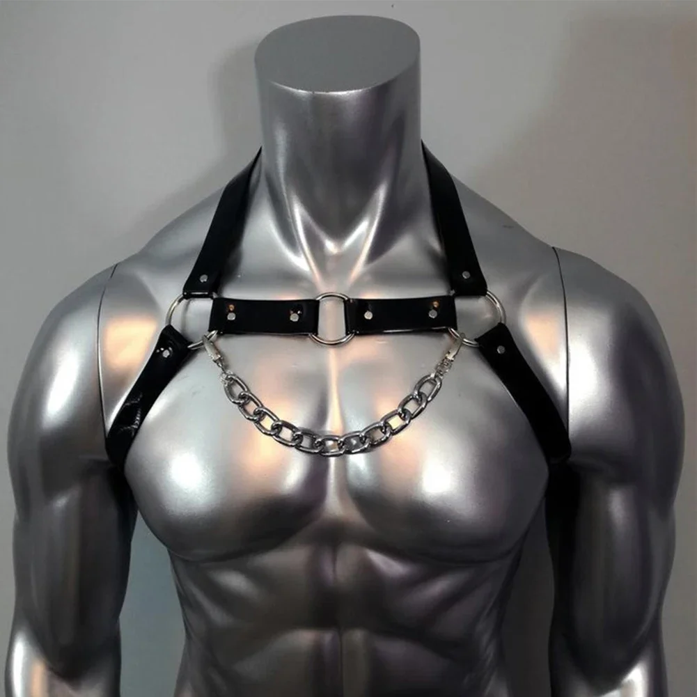 Black PU Leather Chest Harness For Men  Gothic Clubwear Costume  Glossy Straps Lingerie  Interest Buckles Detail