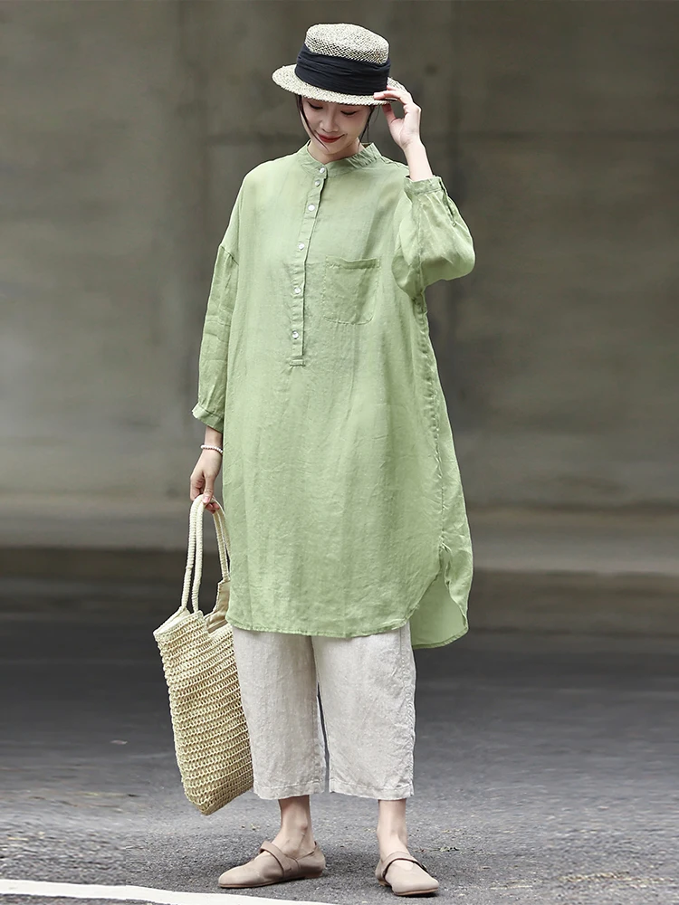 

Simple Japanese Sle Loose Long irt Dr Women's Summer Thin Cotton Linen Material Bubble Sve Stand Collar Midi Dr