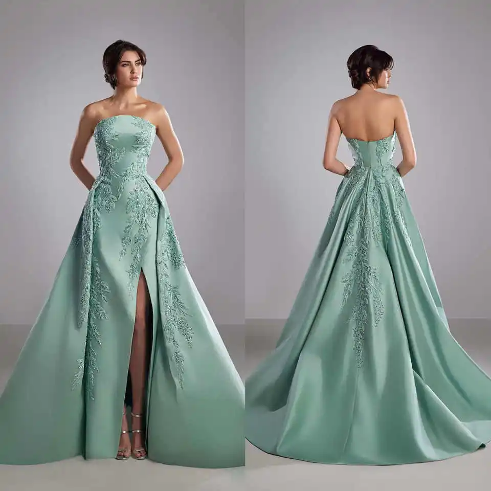 Sage Customzied Elegant Wedding Dresses Strapless With Detachable Train Sleeveless Sequins Neck Bridal Gowns Robe De Mariee