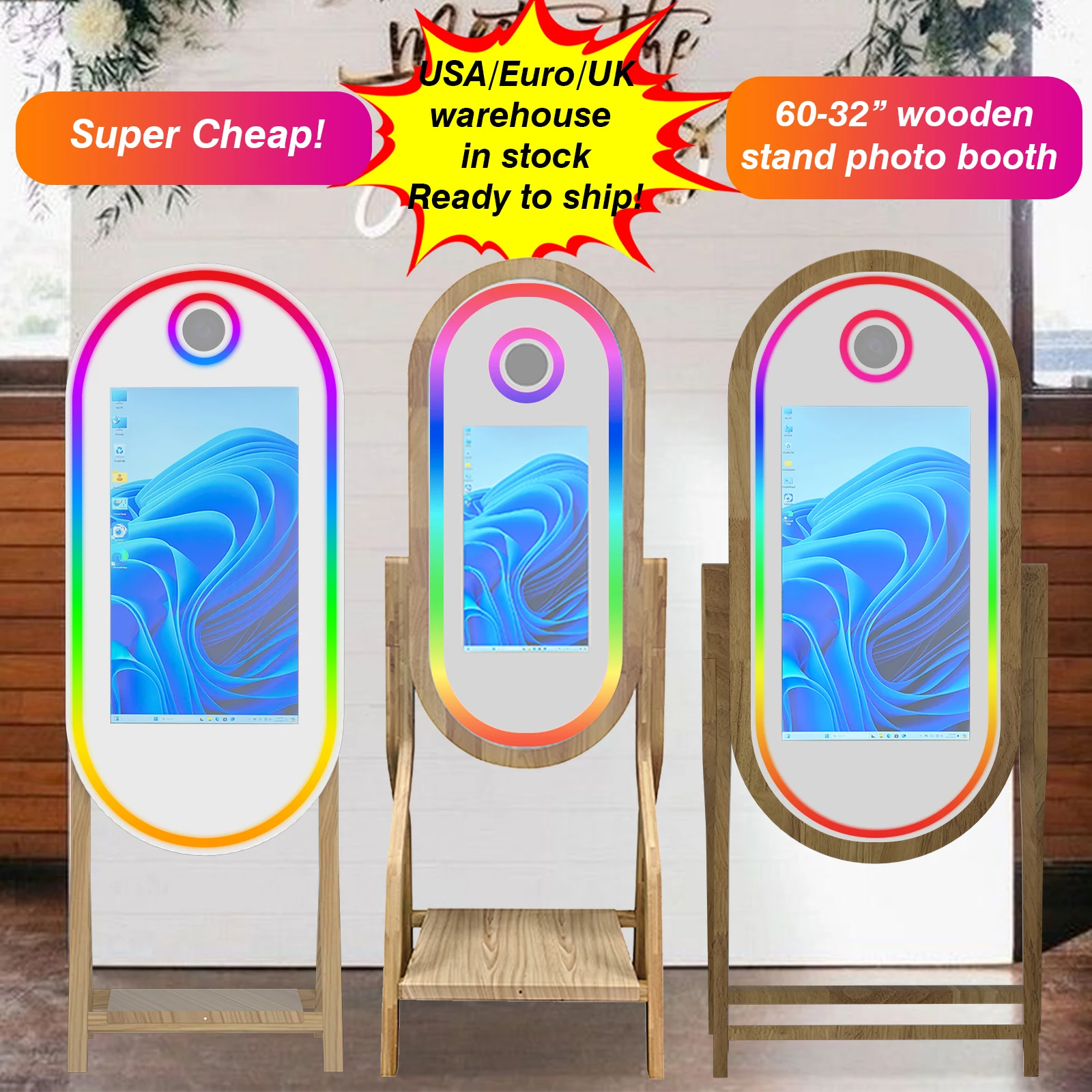 Newest 21.5/32inch Touch Screen  Magic Mirror Photo Booth Real Vintage Instant DSLR Wedding Wooden Photo Booth Machine