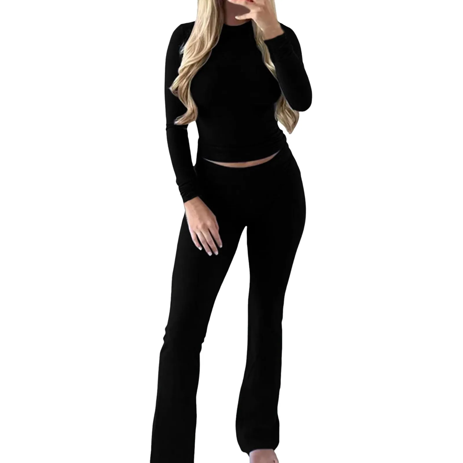 Women\'S Set Solid Color Tights Long Sleeve Crop Top And Leggings Pants 2024 Autumn Casual Two 2 Piece Set Outfits Tracksuit