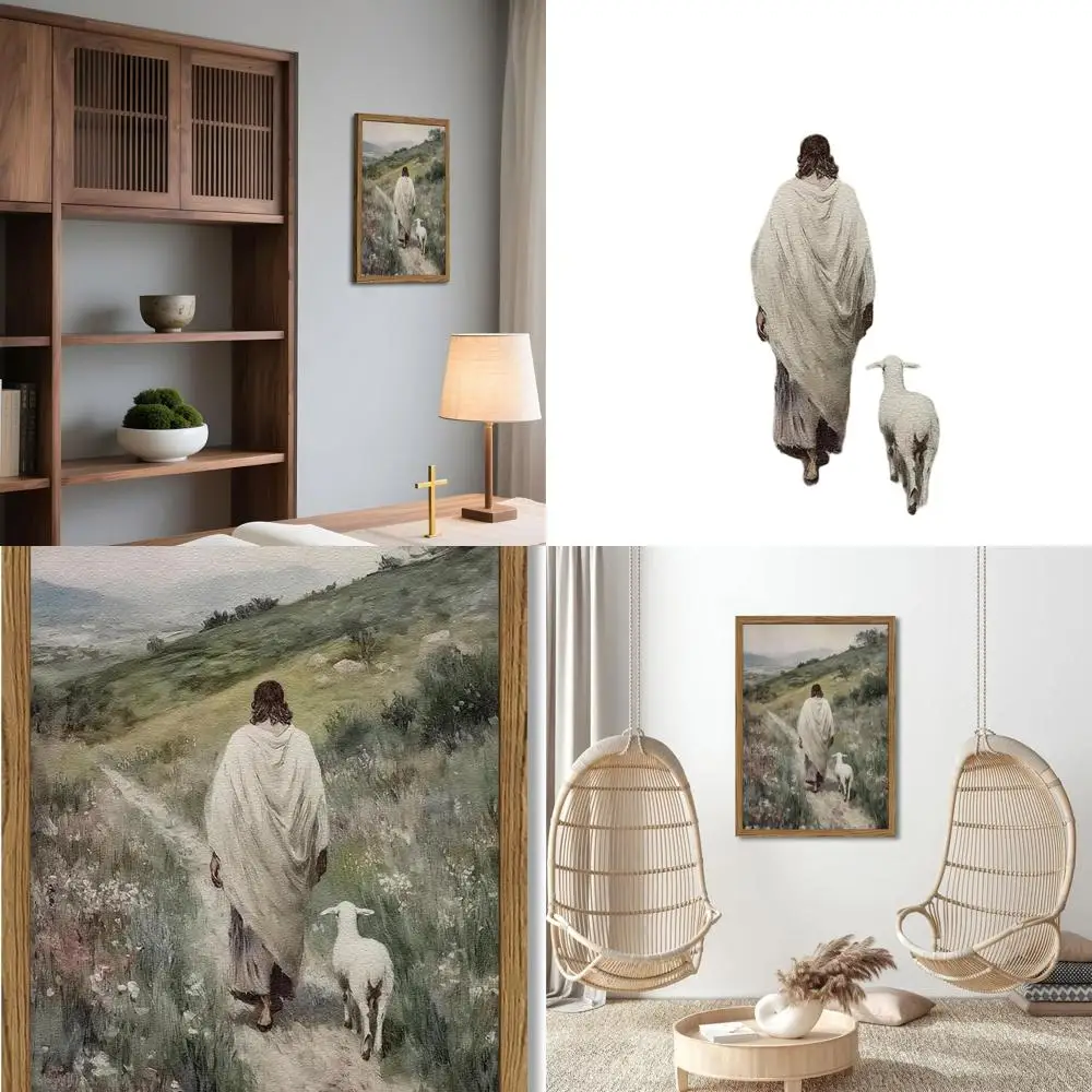 

3D Textured Sandstone Wall Art: Hand-Drawn Lost Lamb with Jesus, Christian Art for Home Prayer Room or Bedroom, 24x36 inches Woo