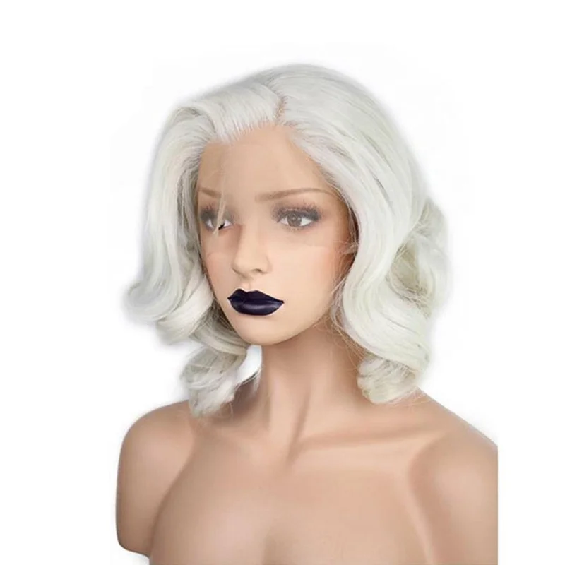 Short platinum blonde lace front wig, curly wavy bob wig, costume cosplay wig