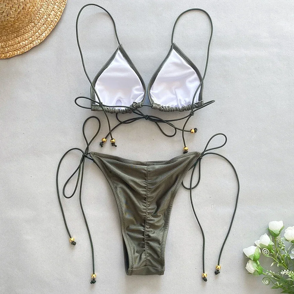 Sexy Army Green Micro Bikinis Extreme Women Mini Thong Swimsuits String Cross Halter Swimwear Bikini Mujer Bathing Suit Biquinis
