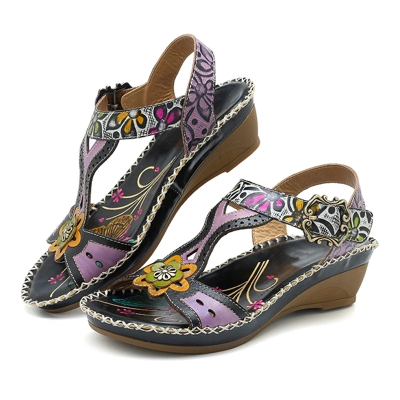 202435 Cowhide Shoes Handmade Printing Flower Leather Sandals