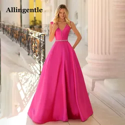 Allingentle Elegant Women's Hot Pink Prom Evening Dress for Party V-neck Lace-up Back A-Line BeadedBelt Vestidos De Noche Custom