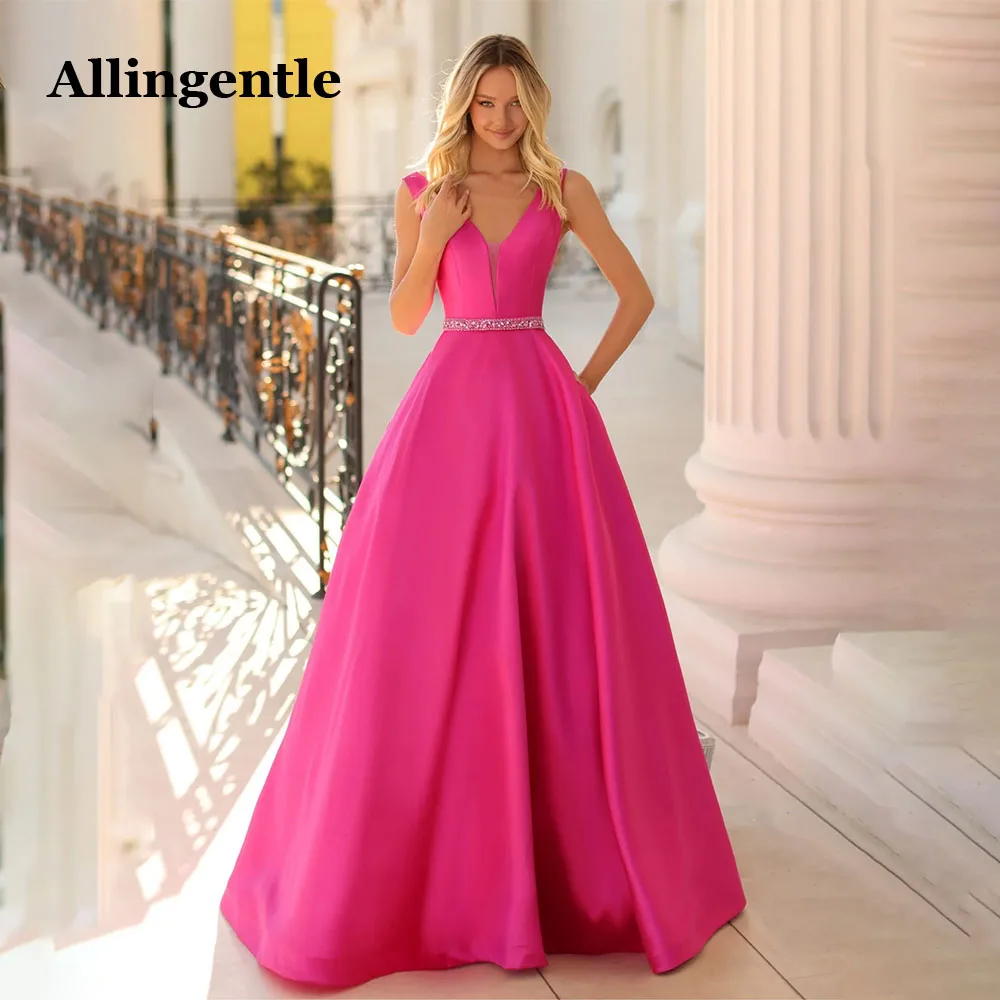 Allingentle Elegant Women's Hot Pink Prom Evening Dress for Party V-neck Lace-up Back A-Line BeadedBelt Vestidos De Noche Custom