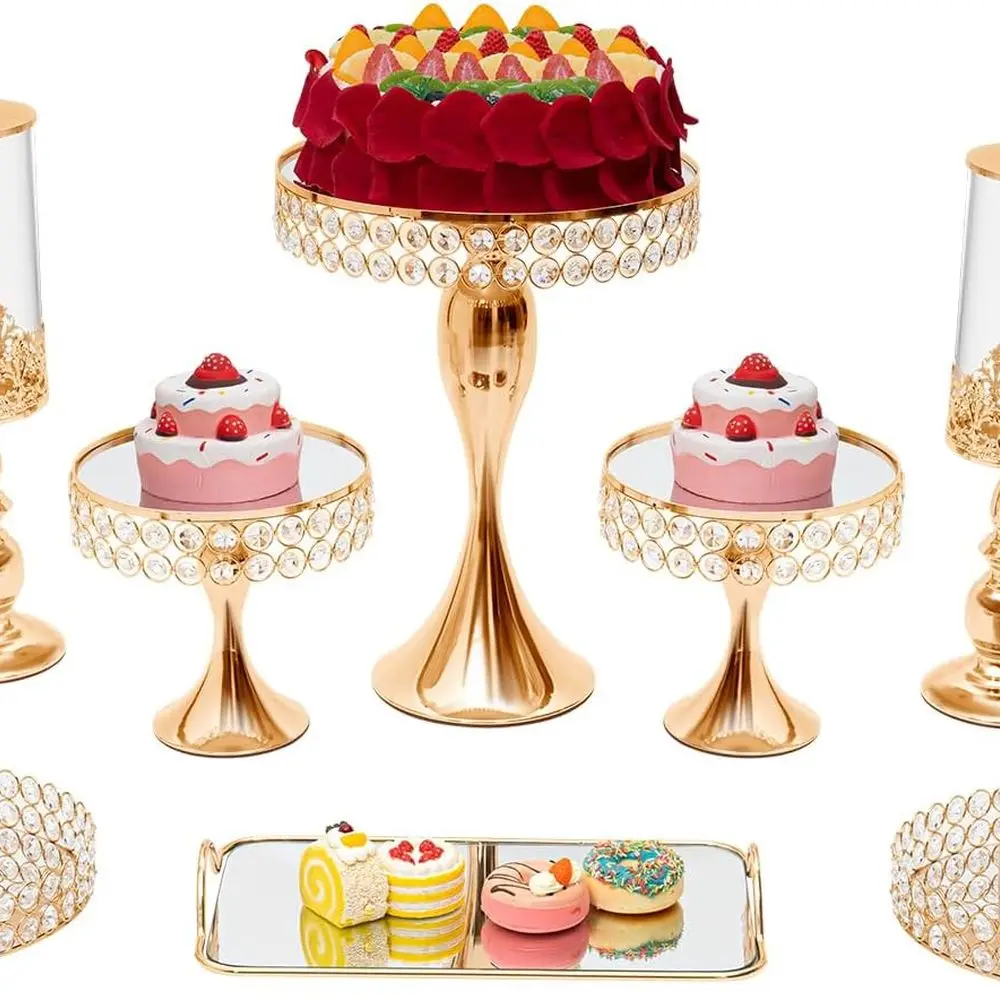 

Set of 10 Gold Metal and Crystal Cake Stands with Acrylic Mirror Top for Wedding, Birthday, and Party Dessert Displays