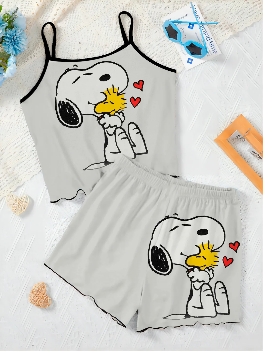 Abito da donna lattuga Trim Set da due pezzi abito da casa t-shirt Snoopy Short Set Disney Top Pieces elegante Bottom Disney Slip Dress