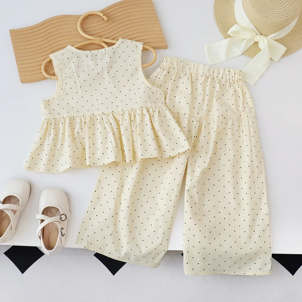 Bear Leader Baby Girl\'s Casual Clothing Round Neck Sleeveless Polka Dot Top+Wide Leg Pants Set with Bow and Botton 2PCS Set